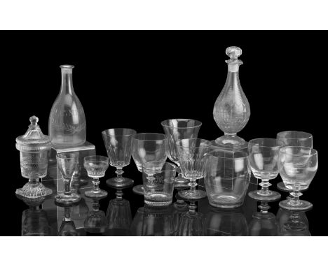 A COLLECTION OF IRISH GLASSLate 18th/early 19th centuryComprising a small taper decanter engraved  M, C, MILLER, 19cm high, a
