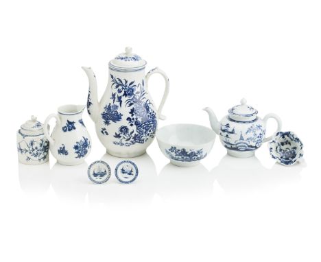 A COLLECTION OF ENGLISH BLUE AND WHITE PORCELAIN18th centuryComprising a Worcester teapot and cover, painted with the cannonb