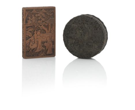 A CHINESE CIRCULAR TORTOISESHELL SNUFF BOXCirca 1820Densely carved with fashionable figures in a landscape, 9.7cm diameter; t