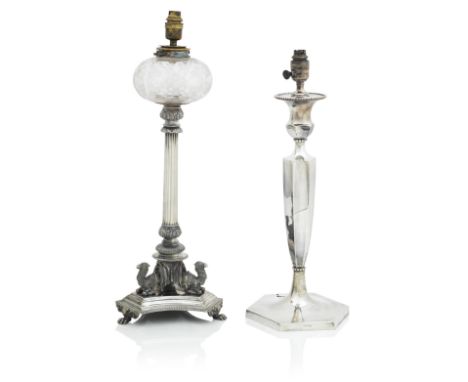 A VICTORIAN ELECTROPLATED OIL LAMPWalker &amp; Hall The reservoir engraved with summer flowers on a fluted column supported b