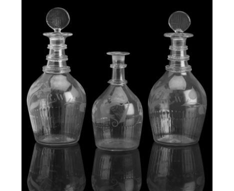 A PAIR OF IRISH UNION DECANTERS,Attributed to Edwards of Belfast, circa 1802-1810Of Prussian form and with moulded basal flut