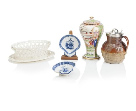 A GEORGE III SALTGLAZE STONEWARE HARVEST JUGOf typical form, with sprigged decoration, the silver rim and cover with hallmark