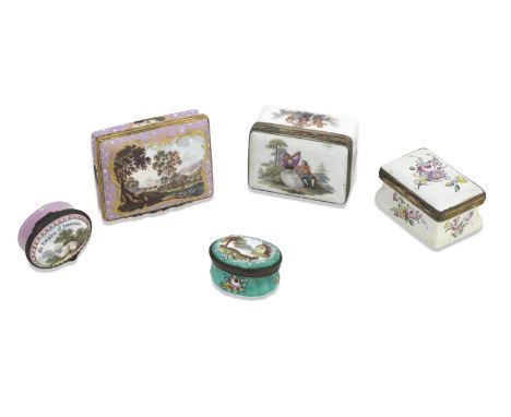A STAFFORDSHIRE ENAMEL SNUFF BOXCirca 1760of rectangular form, the hinged lid painted with fishermen in a landscape, within a