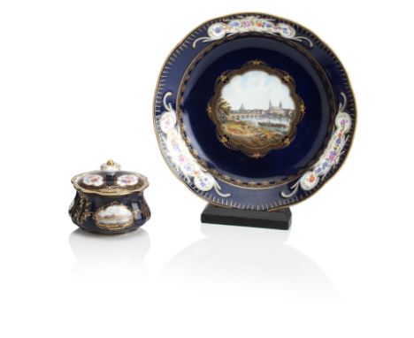 A MEISSEN CABINET DISH19th centuryThe central cartouche painted with a titled view of Dresden, on a deep blue ground, the bor