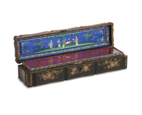 A CANTON GILT LACQUER FAN BOX19th centuryThe cover decorated with figurative garden views with painted silk interior, 44cm wi