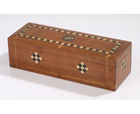 First World War prisoner of war box, the rectangular box with chequer inlaid to the lid, back and sides, a note inside statin