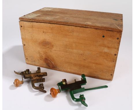 Two vintage French shotgun cartridge reloaders by Brevete S.G.D.G., together with a wooden shotgun cartridge box for 2 3/4 in
