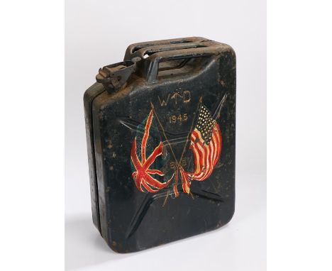 Second World War British jerry can, dated 1945 with War Department broad arrow, nicely painted up with crossed British and U.