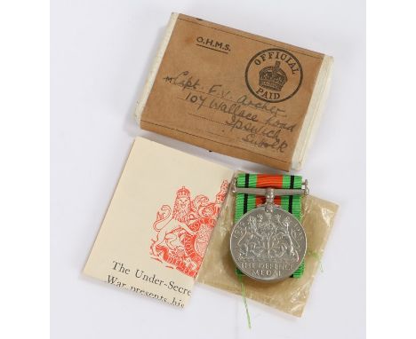 Second World War Defence Medal in postage box addressed to 'Capt. F. V. Archer, 107 Wallace Road, Ipswich, Suffolk', complete