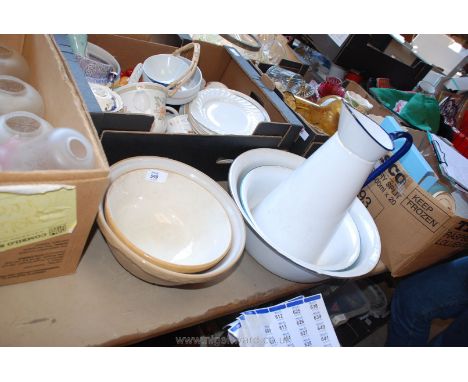 Two mixing bowls a/f. and enamel jug and two bowls.