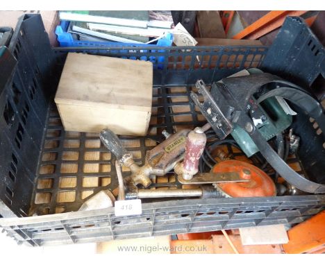 A box of tools, Bosch drill, face mask.