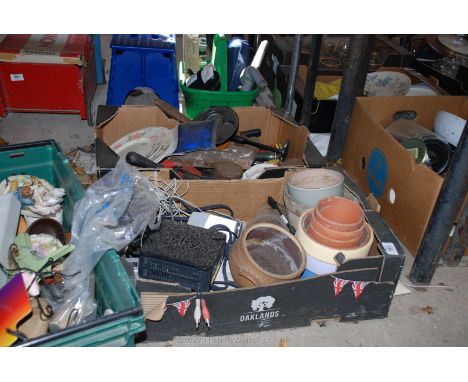Two boxes of tools, flower pots etc.