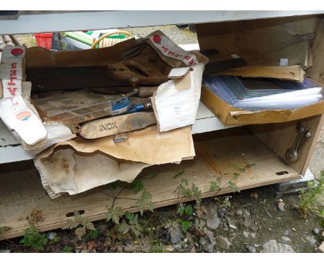 A box of hand tools including allen keys, hand drill etc. and a box of shelf brackets.