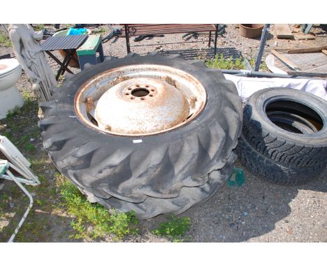 Pair of tractor rear wheels and 12.4/11 x 28 tyres, (Ferguson type 8-stud centres).