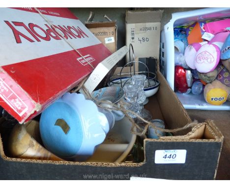 A box of Monopoly, glass candlestick, puzzle, china etc.