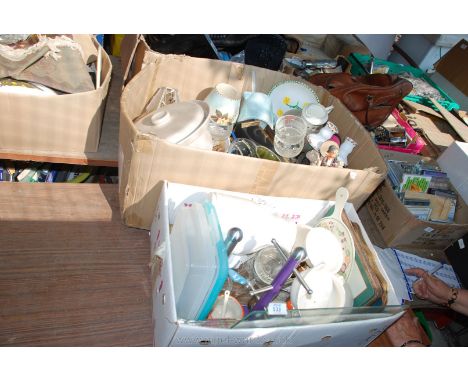 Two boxes of miscellaneous china and glass including a slow cooker, glass sundae dishes, oak framed (damaged) dinner gong, Hu