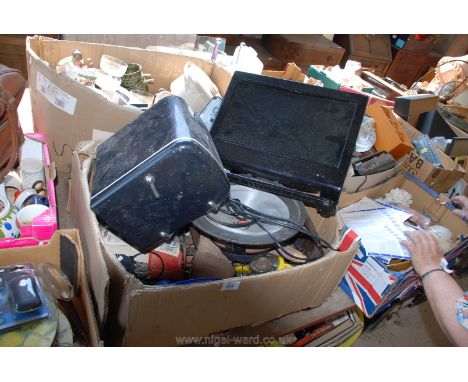 A small TV, mini fridge, odd hand tools, misc. nails, etc.,