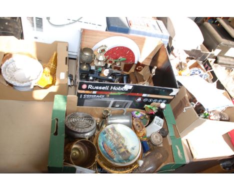 Two boxes of miscellanea including trophies, china, brass candlestick etc.