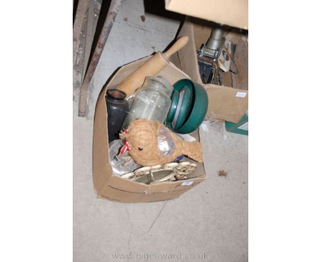 A wooden rolling pin, jugs, mirror, scales etc.