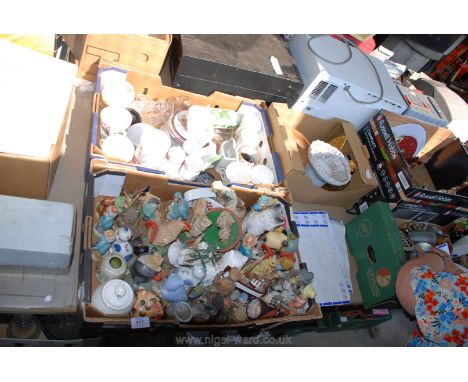 Three boxes, one of china including coffee cups, glasses, ornaments, chicken on nest.