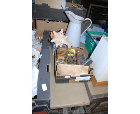 Miscellaneous workshop tools including hammer, enamel jug, large shell, old "Windjammer Tea" tin, etc.,