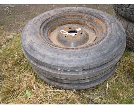 Two three-stud fitting dumper wheels/tyres 6.00/16 with tractor front tread pattern.