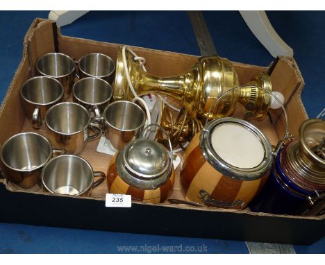 A box of stainless steel, biscuit barrel, cups, coffee grinder, two brass lamps, etc.,
