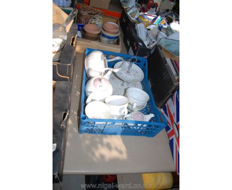 A Tesco part tea set including teapot, two tier cake stand, five breakfast cups, two saucers etc.