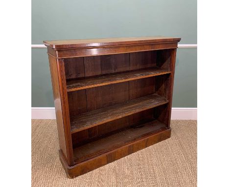 VICTORIAN WALNUT BOOKCASE, rounded rectangular top and caddy moulded uprights to plinth base, fitted two shelves, 110h x 122w