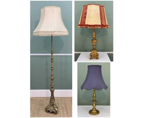 TWO TABLE LAMPS &amp; A STANDARD LAMP, comprising spun-brass baluster table lamp, continental gilt gesso candlestick table la