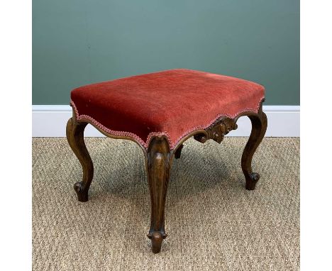 VICTORIAN WALNUT DRESSING STOOL, with pink velour stuffover seat, foliate carved seat rail, cabriole legs, scrolled feet, 59w