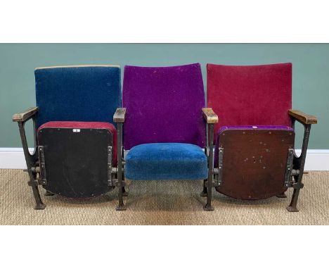 VINTAGE MATCHED GROUP OF THREE THEATRE SEATS, with folding sprung seat cushions, re-upholstered in coloured velour, 163cms wi