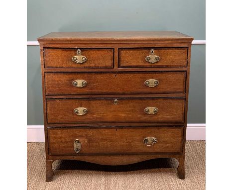 19TH CENTURY OAK, MAHOGANY CROSSBANDED &amp; EBONY STRUNG CHEST, fitted two short and three long graduated drawers, on shaped