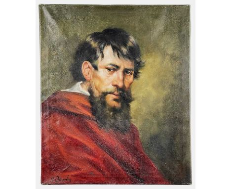T. DOMBY oil on canvas - 'The Philosopher', head and shoulders portrait of a bearded male in red cloak, signed, titled verso,