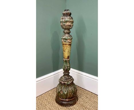 INDIAN POLYCHROME CARVED WOOD CANDLESTICK, 79cm high