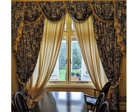 TWO PAIRS BLUE &amp; YELLOW FLORAL PRINTED CURTAINS WITH BESPOKE DRAPED PELMETS, with yellow tassel edge, for a double and a 