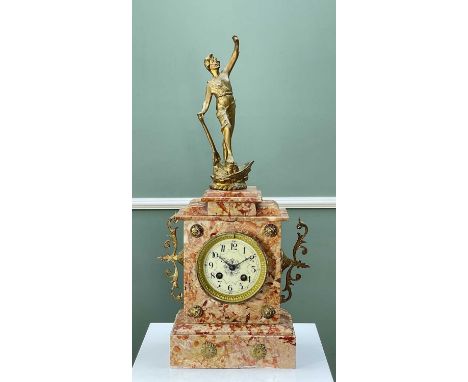 FRENCH RED MARBLE MANTEL CLOCK, c.1900, gilt spelter figural top (loose) above stepped case with 3 1/2in. Roman dial, gilt br