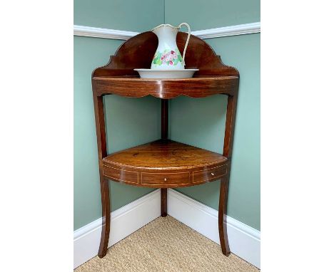 EARLY 19TH CENTURY MAHOGANY CORNER WASH STAND, with associated Copeland floral painted water jug and basin, 100cms high overa