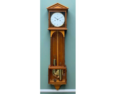 MODERN KIENINGER SATINWOOD REGULATOR WALL CLOCK, retailer-signed enamel Roman dial, twin weight-driven movement, 109cms high