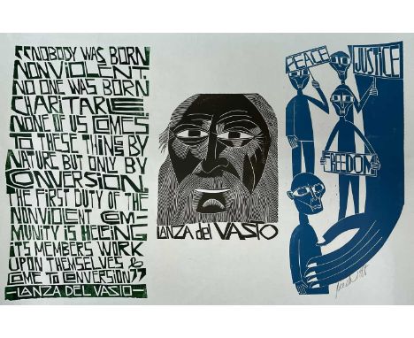 ‡ PAUL PETER PIECH (American-British, 1920-1996) three-colour lithograph - Lanza del Vasto with verse, signed and dated 1988,