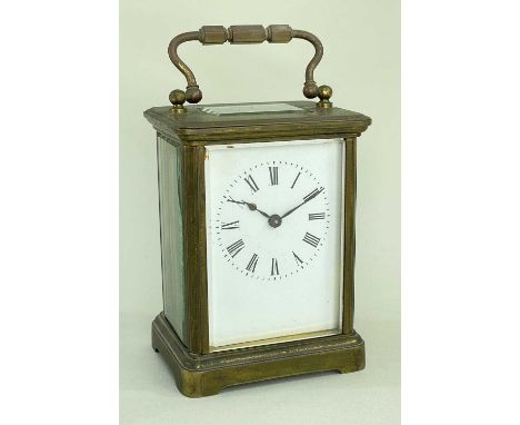 BRASS CARRIAGE CLOCK, white enamel Roman dial, five bevelled glass windows, 10.5cm h (excl handle)Comments: case worn, winds 