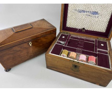 19TH CENTURY TEA CADDY &amp; WORKBOX, mahogany and boxwood strung caddy with angled rectangular lid, compressed bun feet, 32w