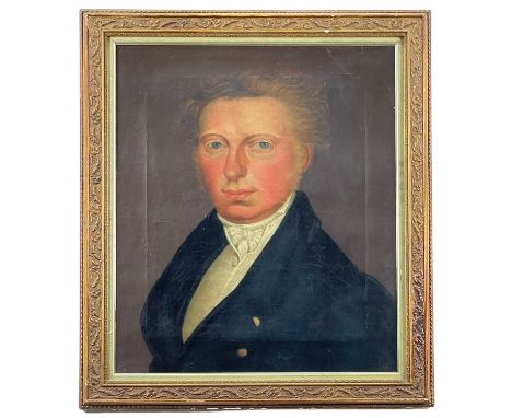 EARLY 19TH CENTURY SCHOOL oil on canvas - portrait of a gentleman in blue coat and white cravat, inscribed verso, 'S. Aston 1