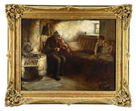 HENRY JOHN DOBSON RSW (1858-1928) oil on canvas - A Soothing Tune, two children listening to their grandfather playing a viol