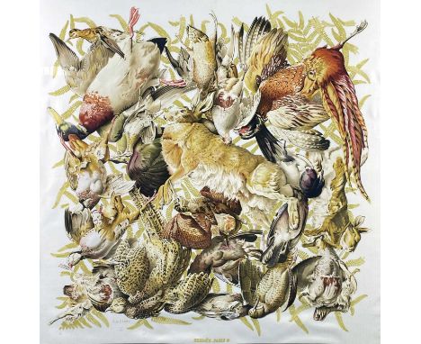 HERMES SILK SCARF, 'GIBIERS', colour printed with game birds and hare within grey border, designed by Henri de Linares, 90 x 