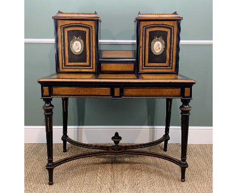 LATE VICTORIAN EBONISED WALNUT &amp; AMBOYNA WRITING DESK, superstructure with 3/4 brass gallery above twin cupboards applied