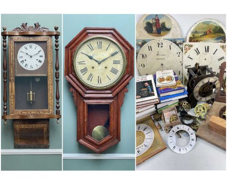 ASSORTED CLOCK PARTS & WALL CLOCKS, including longcase clock dials, Smiths striking longcase clock movement, pendulum, weight