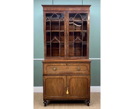 GEORGE III MAHOGANY & EBONY-STRUNG SECRETAIRE BOOKCASE, cavetto cornice above lancet astragal glazed doors, with adjustable s