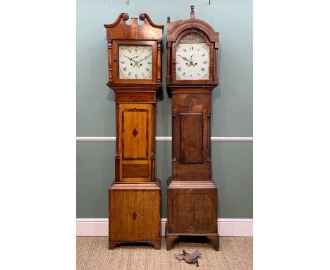 TWO 19TH CENTURY 8-DAY LONGCASE CLOCKS, one with hunting scene painted in the breakarch and signed 'Grantham', in mahogany ca