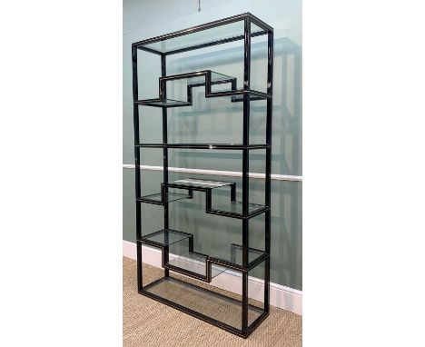 FRENCH PIERRE VANDEL LACQUERED METAL SHELF UNIT, c. 1970s, black & gilt in the Oriental style, with asymmetric arrangement su